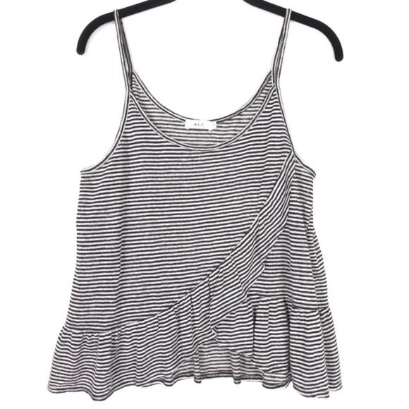 ALC Ava Tank Top 100% LINEN Striped Ruffle Front Spaghetti Strap Cami SMALL - Picture 2 of 9